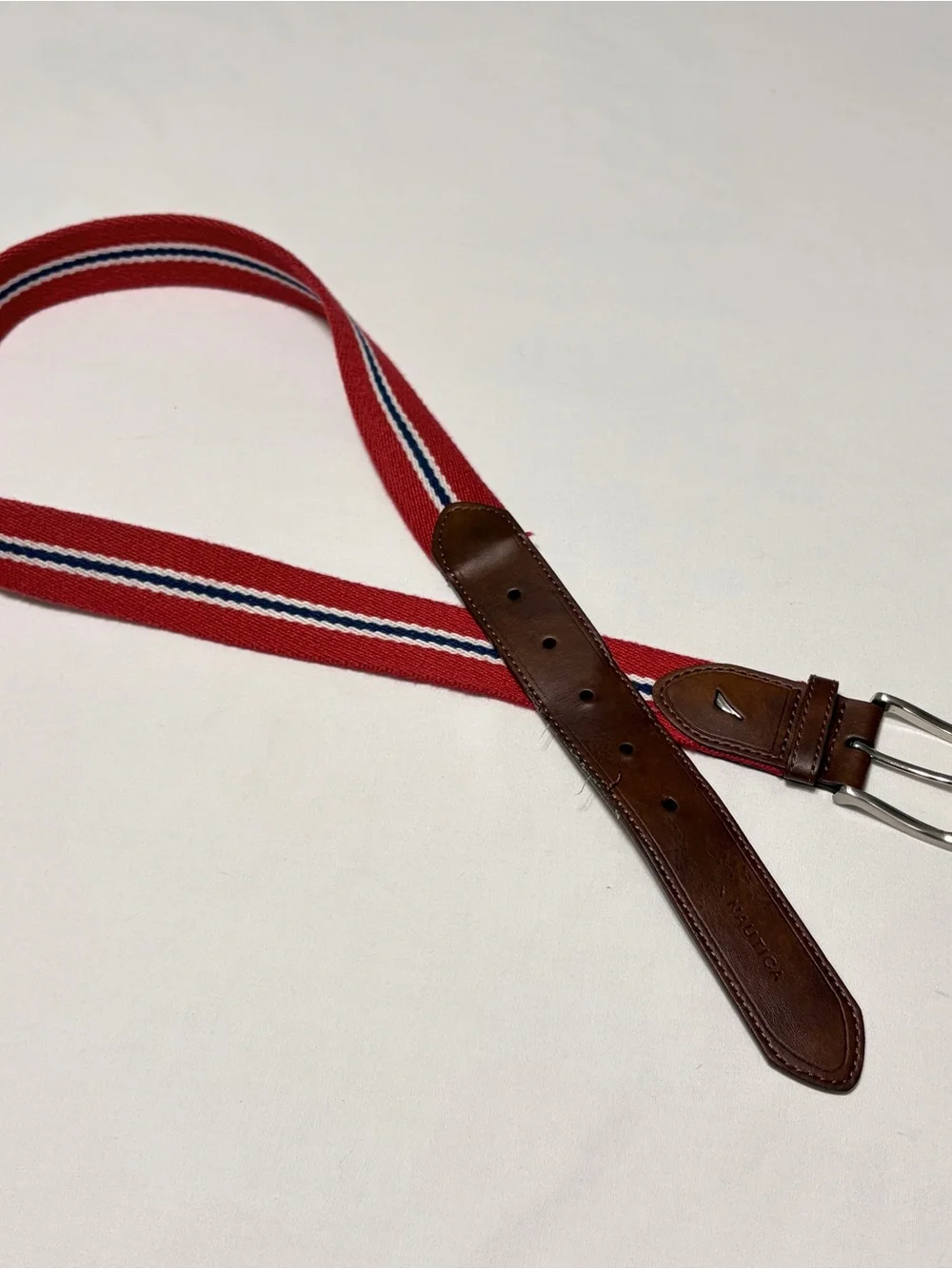Nautica Red Striped Woven Men's Belt‎ with Brown Leather Trim 34/85
